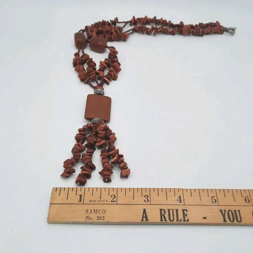Copper MultiStrand Goldstone Rectangle Pendant Tassel Cluster Statement Necklace
